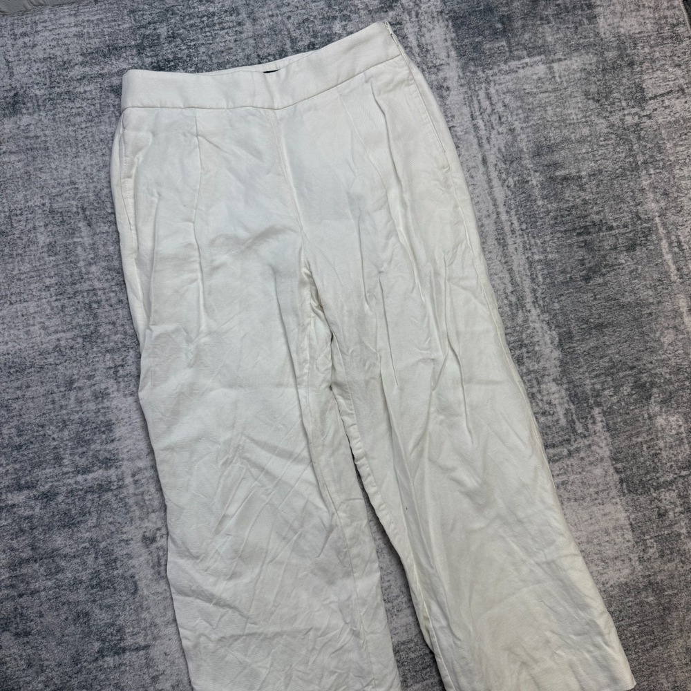 J Crew Pants Women 4 White High Rise Pleated Linen Wide Leg Crop Trouser Minimal - Picture 2 of 12